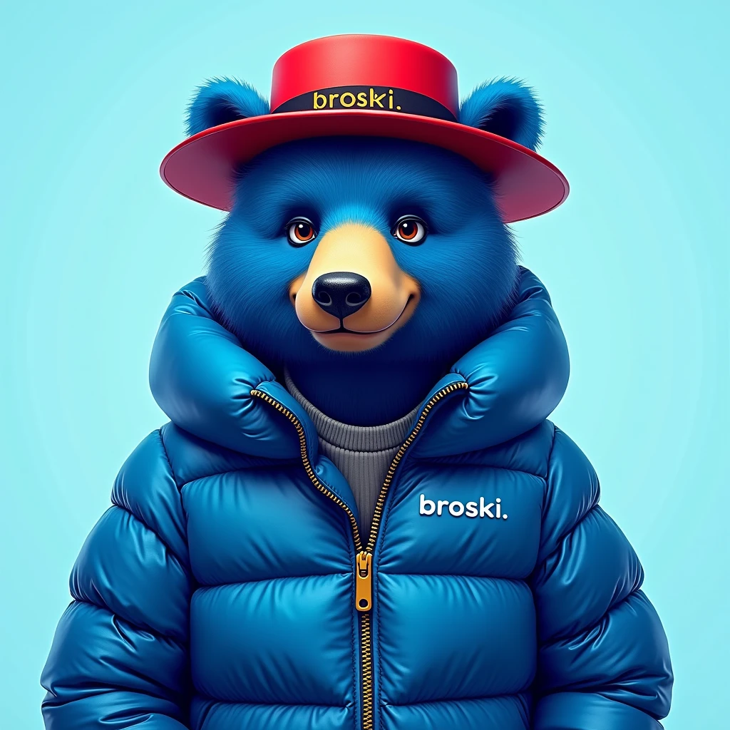 blue bear , light blue background , edgy , portrait , noble , red hat broski , Write broski on your hat , blue puffer jacket