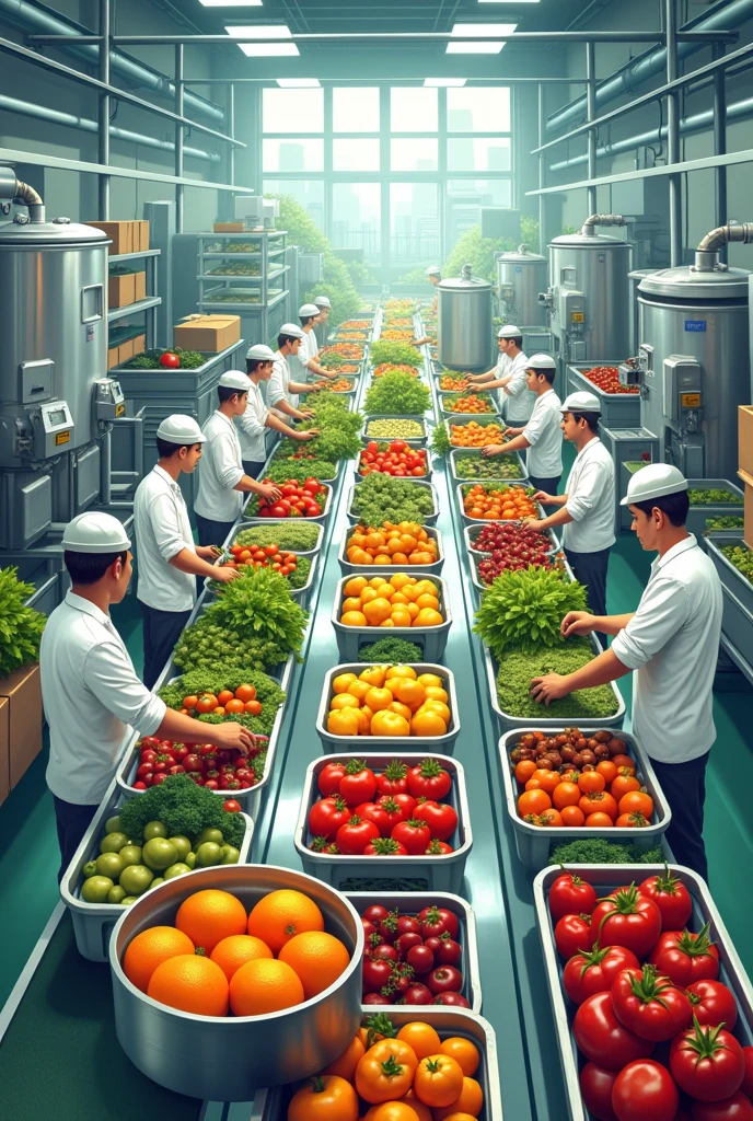 create an image where there are many collaborators working in an agribusiness with fruits and, commercial illustration, workers, incredible food illustration, profile image, in a factory, illustration!, manufacturing, Industries,