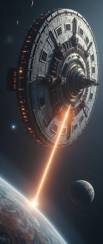 a massive planet killer circle space sation firing a massive beam at an planet in space