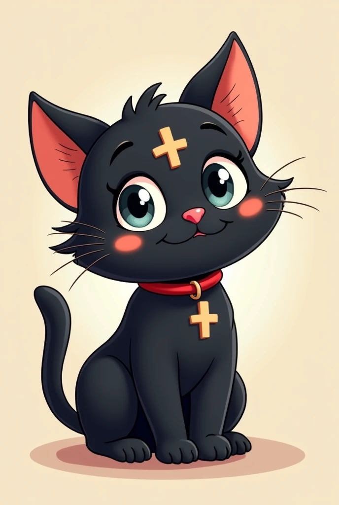 Cute black cat with a cross cartoon 2D (disney style) Logo 