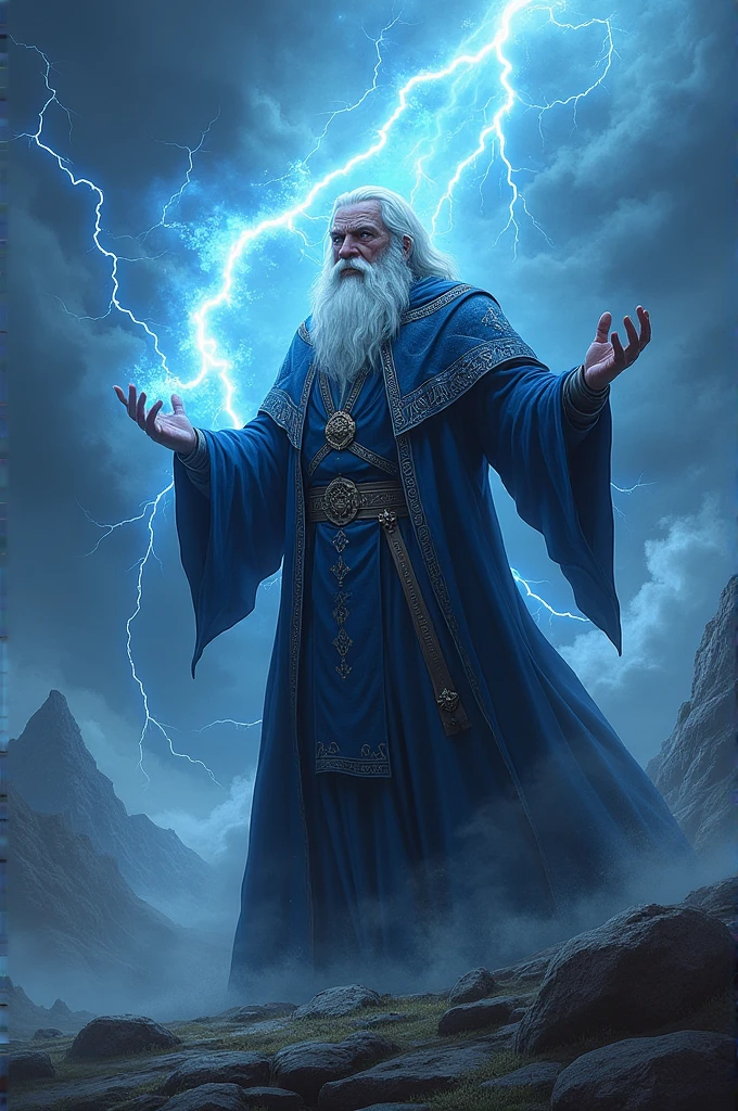 Generate an image of a wizard in a lightning storm