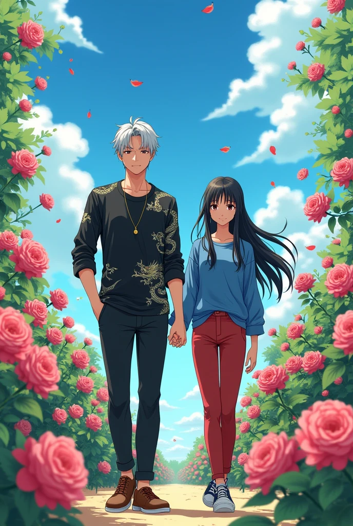1 Japanese man,Age 27,Short grey hair,Black long-sleeved shirt with rolled-up sleeves and dragon pattern,Clock,necklace,Black trousers,canvas shoesสีน้ำตาล,1 Japanese woman,Age 18,Long black and white mixed hair,Blue long sleeve shirt ,Red trousers,canvas shoes,location,A rose garden with beautiful flying roses..Full of beautiful anime.