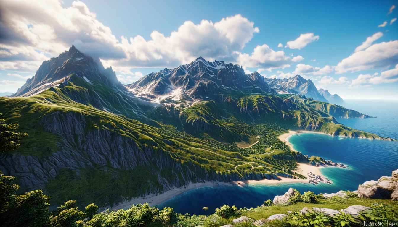 There is a mountain range covered with greenery，There is a highest mountain by the sea（best quality，4K，8k，High level，masterpiece：1.2），Ultra Detailed，（lifelike，Photo real，Photo real：1.37），Complex patterns，Realistic lighting，虚幻引擎4K壁纸，Summer Unreal Engine 5, Beautiful landscape rendering, Mountains and Oceans, Rendered in 8k Unreal Engine,，The most beautiful scenery，Epic shock