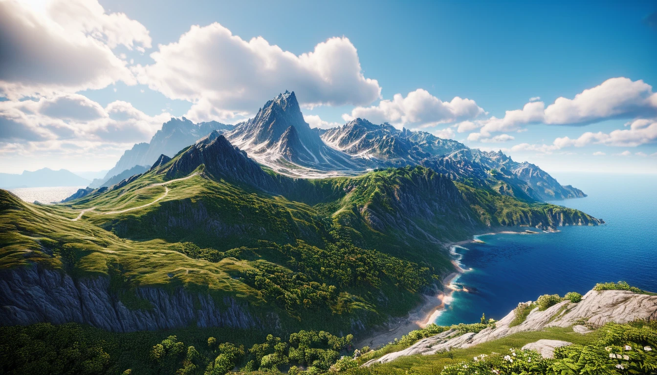 There is a mountain range covered with greenery，There is a highest mountain by the sea（best quality，4K，8k，High level，masterpiece：1.2），Ultra Detailed，（lifelike，Photo real，Photo real：1.37），Complex patterns，Realistic lighting，虚幻引擎4K壁纸，Summer Unreal Engine 5, Beautiful landscape rendering, Mountains and Oceans, Rendered in 8k Unreal Engine,，The most beautiful scenery，Epic shock