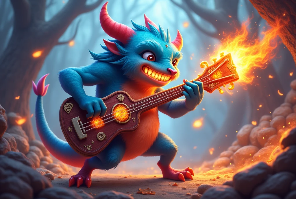 beast instrument cute magic blue red fire burning attacking