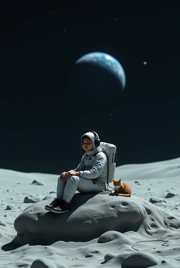 A 18 year boy on moon.he seat in a stone with her litle cat. He listening music in headphone 