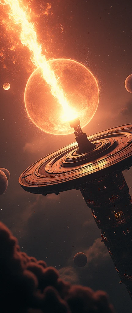 a massive planet killer circular space station, massive beam firing at a planet, sci-fi, cinematic lighting, dramatic, photorealistic, highly detailed, 8k, HDR, volumetric lighting, dynamic composition, epic scale, futuristic, intricate details, dramatic shadows, cinematic camera angle, awe-inspiring, stunning visual effects, stunning colors, dramatic atmosphere, photorealistic rendering