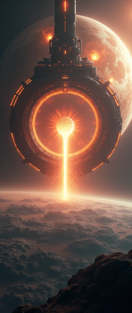 a massive planet killer circular space station, massive beam firing at a planet, sci-fi, cinematic lighting, dramatic, photorealistic, highly detailed, 8k, HDR, volumetric lighting, dynamic composition, epic scale, futuristic, intricate details, dramatic shadows, cinematic camera angle, awe-inspiring, stunning visual effects, stunning colors, dramatic atmosphere, photorealistic rendering