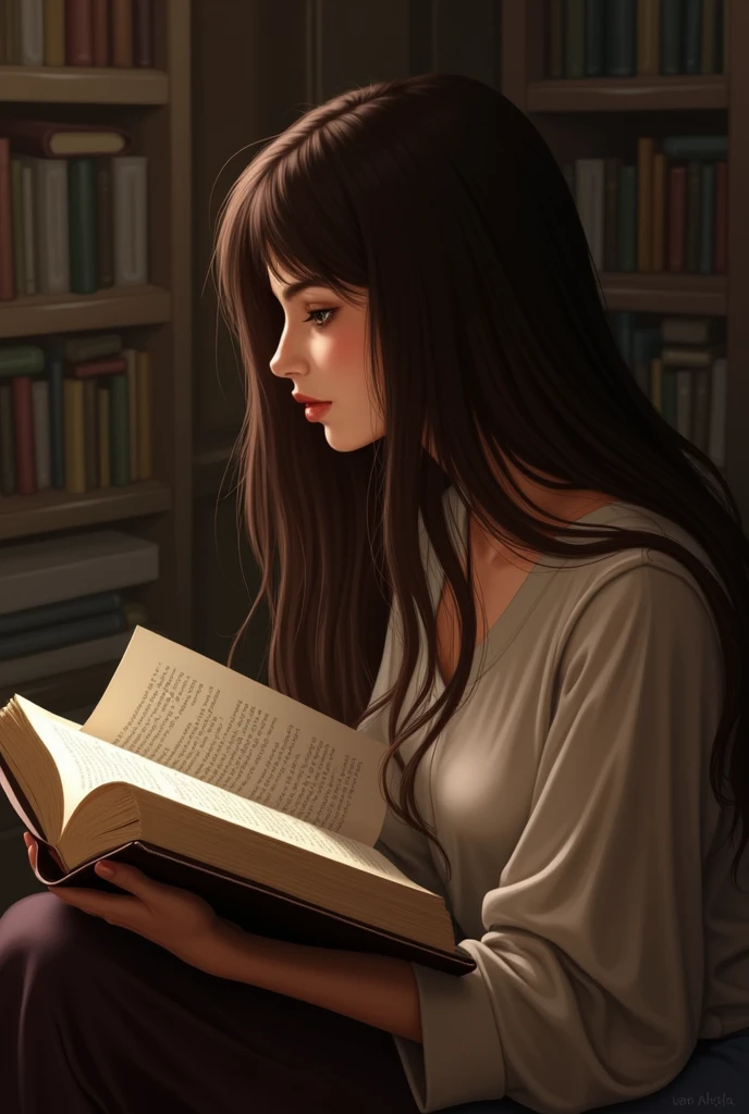 realistic long haired woman, straight and dark brown sitting in profile reading a book