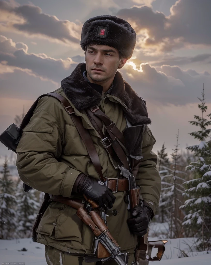 Soviet soldier, wears an ushanka hat, Polish face, black hair, gloved hands, brown uniform with dark red details, carries a machine gun, belt with ammunition and transmitter, military boots, stands in a Polish forest, snowy day, red sky , 4k, Ultra detailed image, realistic, Highly detailed, perfect composition, splendid, Intricately detailed, incredibly detailed, Art photography 8K, hyper detailed, Masterpiece, Ultra detailed, hyper realistic, 4k, Ultra detailed image, realistic, Highly detailed, perfect composition, splendid, intricately detailed, incredibly detailed, 8k fine art photography, hyper detailed, masterpiece