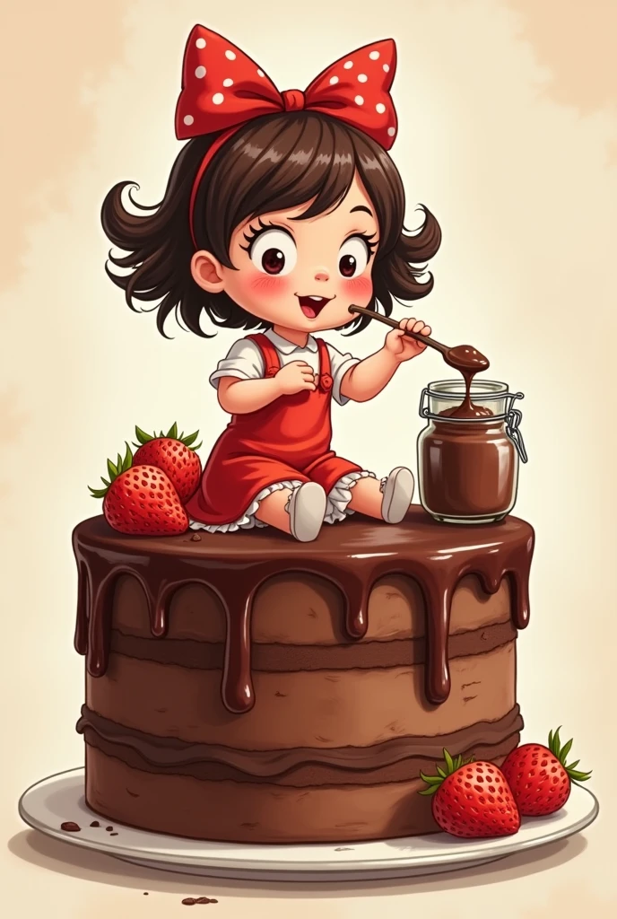 Drawing of a little Lulu character sitting on the edge of a chocolate cake with strawberries and eating a chocolate jar cake with a spoon for a logo