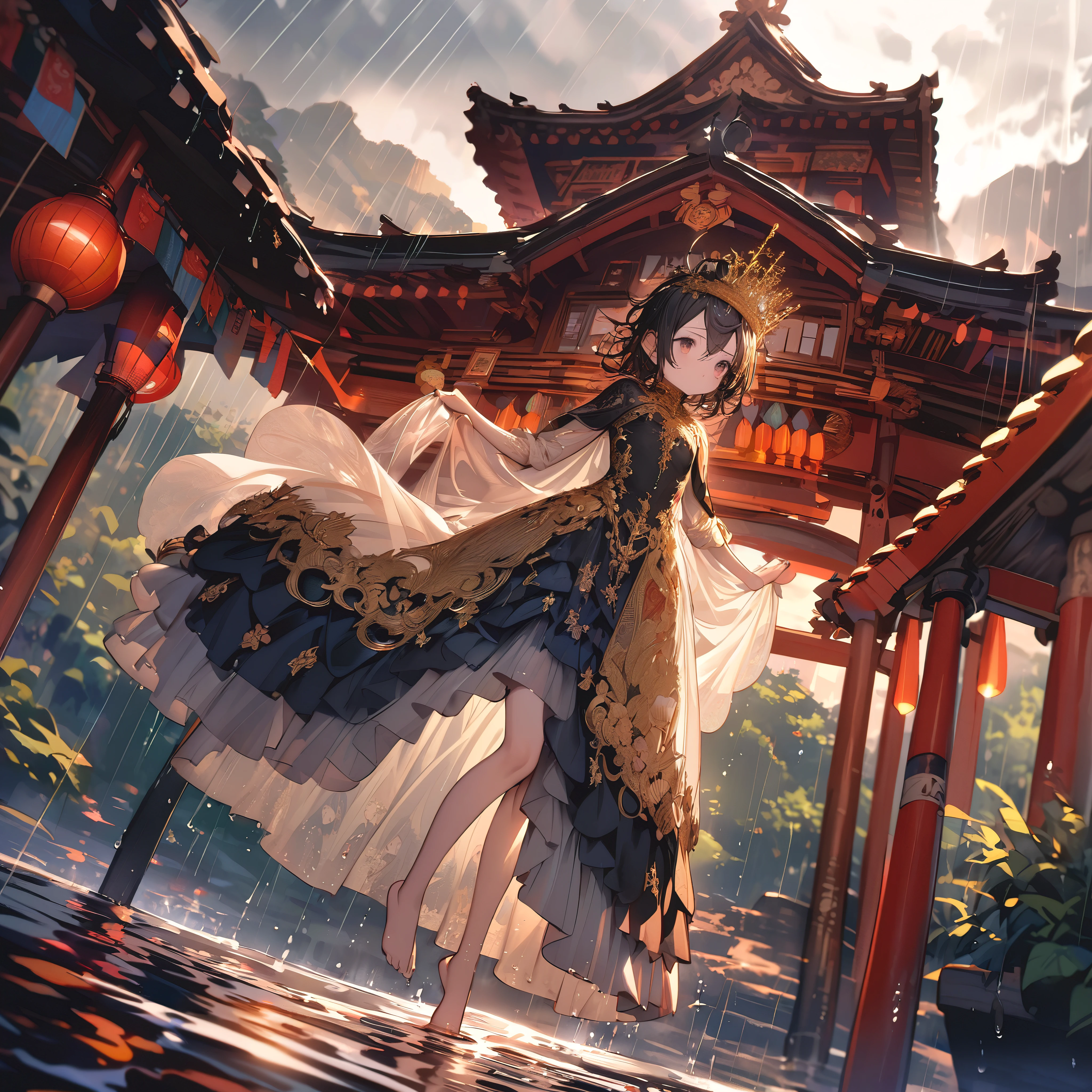 (wide angle), (solo), (A :1.2), (very young ), , (Solo), (small breast), (wide angle), raw photo, Aesthetic, Convoluted, Awarded, chiaroscuro, Best Quality, Detailed background, (Misty atmosphere:1.2), (hard rainy day:1.1),((Girl in very long costumes of shrine witches:1.2)), detailxl, Girls wearing sacred costumes of shrine witches perform ancient divine dance on cliff near shrine, Her presence is a resistance to the storm. The scene before us is both captivating and surreal. Her outfits are a testament to purity and tradition, Seemingly beyond the chaos of the storm. The white kimono is soaked,cling tightly to her body, its fabric becomes almost translucent in floodwaters, Revealing her inner indomitable spirit. So did she, Gorgeous red tapestry, now dark due to heavy rain, With every elegant step, Every wrinkle and crease silently bears witness to the solemnity of the night. Despite the bad weather, Her bare feet still dance gracefully, Unforgettable and beautiful, Every tiny movement leaves a pious pattern on the damp stone. Hair styled casually from behind、hanging down defiantly, Occasionally put it on her cheeks and forehead, Give her an extraordinary temperament. White sandalwood paper, Originally used to tie hair, Surrender to the wind and rain, Let them float freely in the wind, Like participating in a sacred dance. The golden crown and hairpin on her head symbolize the person she admires, shine in lightning. Their presence silently announced the seriousness of her performance. Her Kagura dance is a spectacle of devotion and grace, Silent prayers become visible. Her every move, From the gentle swing of your arms to the precise steps of your bare feet, Weaving an invisible tapestry in the air, Sing to the gods amidst the din of the storm. Kagura bells are arranged in a seven-five-three arrangement, The crisp sound penetrated the sound of rain, Be a beacon of tranquility in the hustle and bustle. Five colorful ropes decorat
