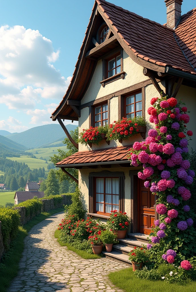 House with large windows and lots of geranium flowers in Europe 