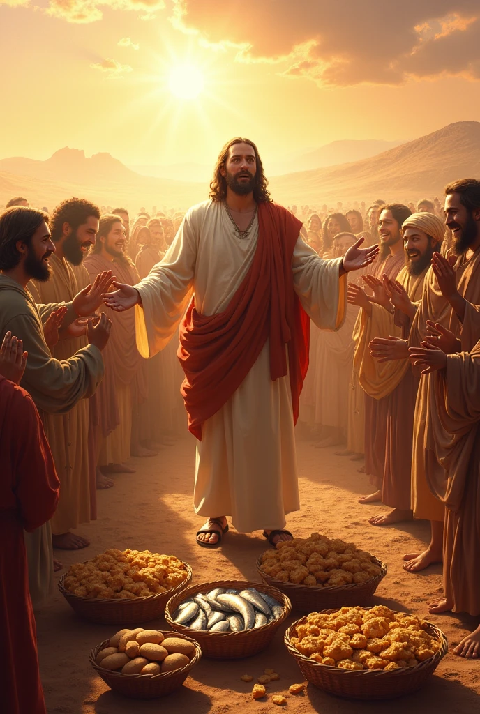 Jesus performs the miracle of multiplying the fish and loaves in a very grand way for a hungry crowd in the desert that filled everyone with exultant joy.