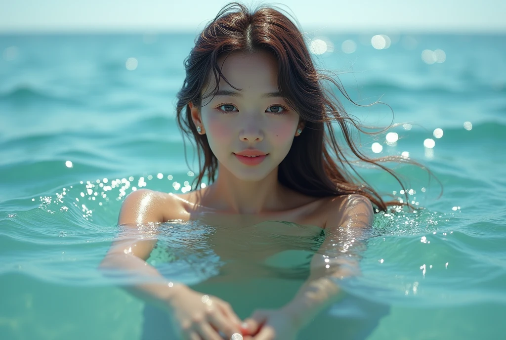 High resolution of a brown-haired Japanese woman swimming in the ocean with a shy smile inviting you to swim with her, masterpiece, Anatomically correct, Highest quality, High detail, Textured skin, Ultra-detailed, Cinematography, shiny sun light