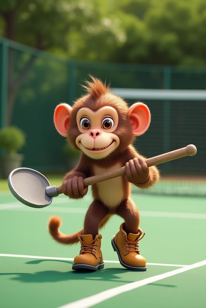 Can you make me a picture of a monkey with a shovel and work shoes on a paddle tennis court?
