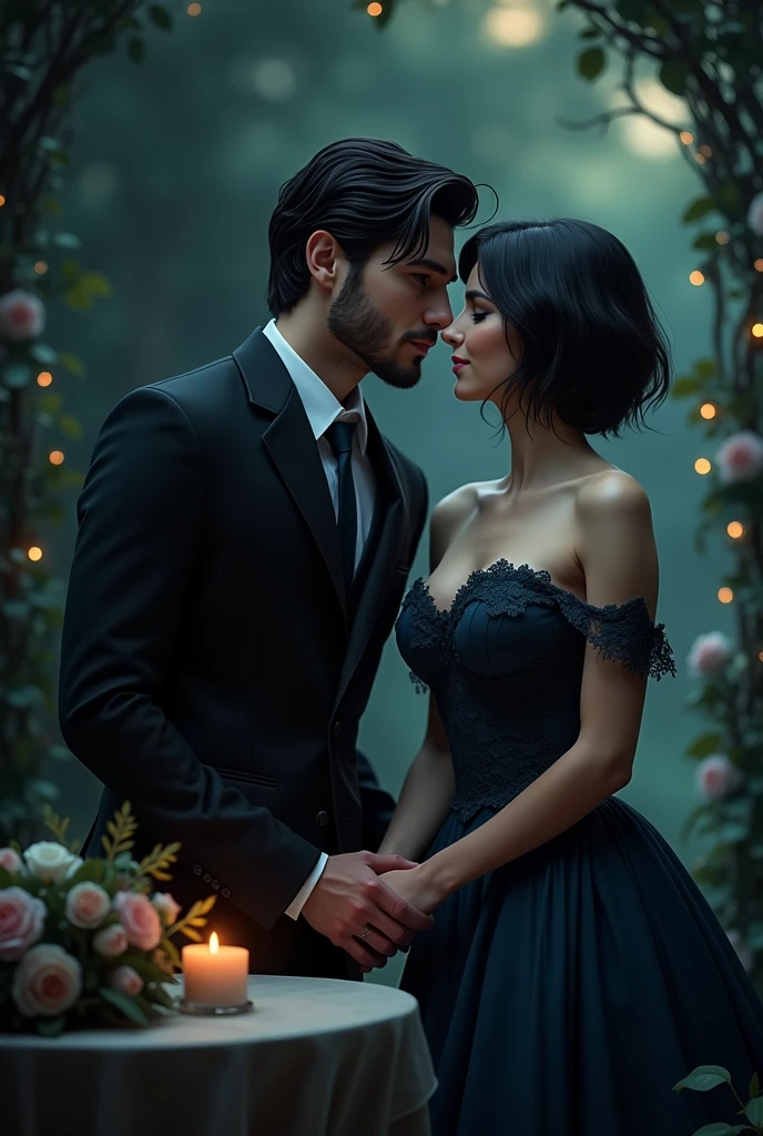 Jason and Bee wedding
Jason :male,White man, black hair,blue eyes, He looks handsome and cool.rough
Bee:A girl with short hair, black hair, brown eyes she fair skin, huge breasts,beautiful, sexy