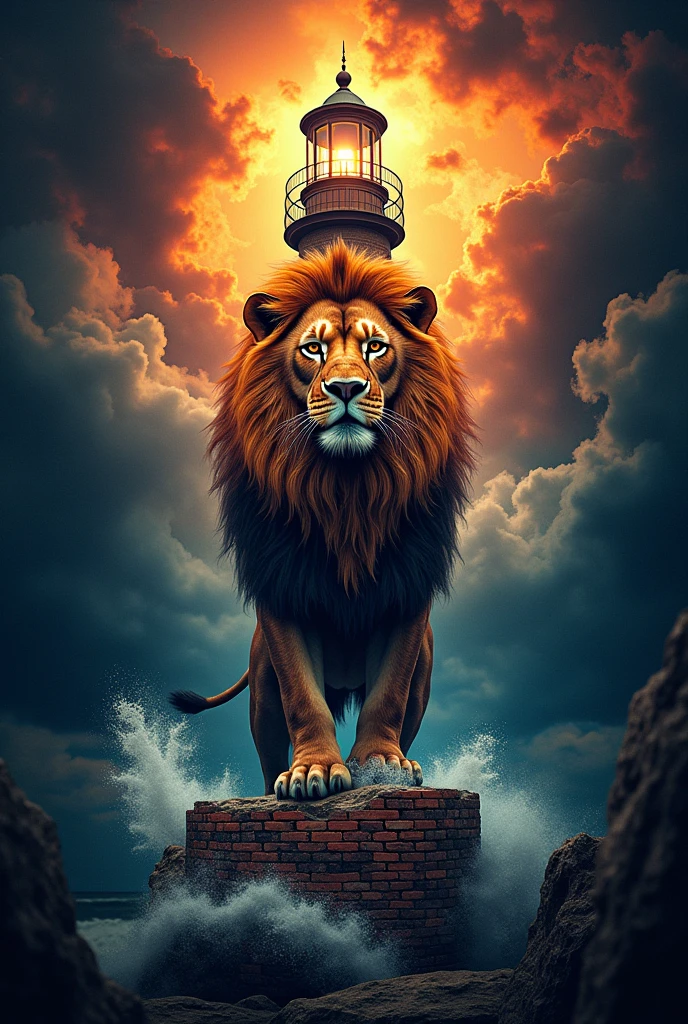 Tattoo of a lion with a crown surrounded by bricks and incredible colors in hyperrealistic 8k quality,tattoo,a lighthouse with sunny and rainy background,Storm