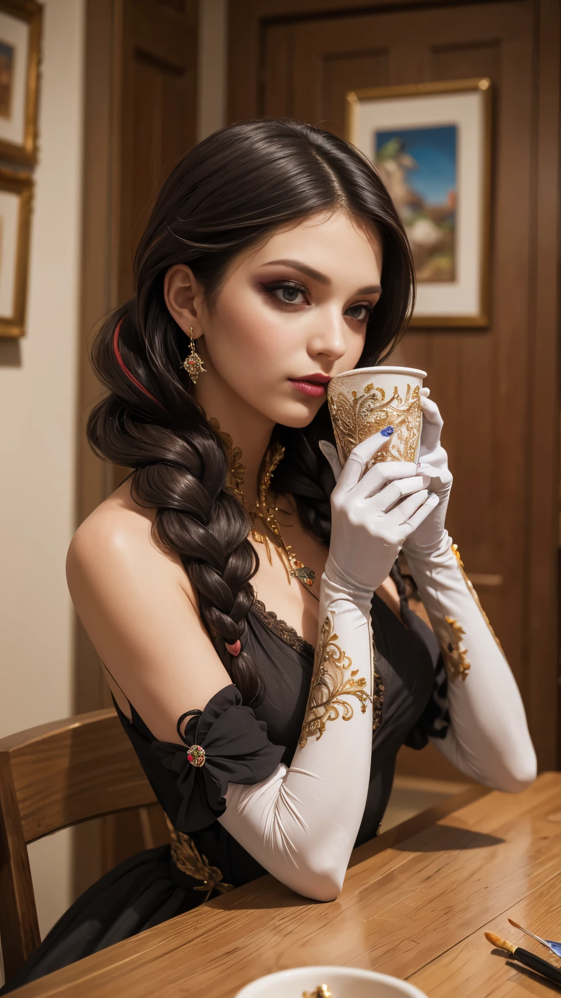 (work of art, best qualityer:1.2), details Intricate, bayoneta3, 1 girl, long hair, cups, make up, twin braids, lipstick, jewerly, elbow gloves, (mature woman:1.2)