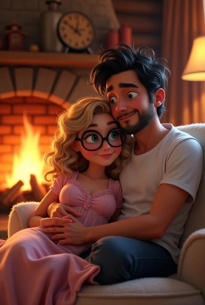 create image in disney pixar cartoon style of a couple in a chalet on a sofa with blankets on their legs in front of a fireplace caressing her with fire she in a pink babydol he in a white t-shirt, she is blonde, green eyes, curly blonde hair and black glasses, he has a short beard, green eyes, messy black hair, average build