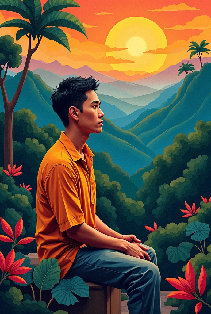 Generate an image of a Filipino artist with a traditional style characterized by lush landscapes and vibrant colors, but rendered in a cubism style. Use fragmented shapes and bold colors to represent the essence of his work."