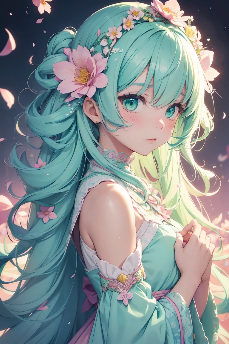 Prompt: 1girl:1.3, kawaii girl, (pastel color digital art:1.3), middle hair, curly hair, loose hair, big hair, dense hair, pale blue hair, green eyes, fantasy intricate clothes, engraving, craftsmanship, (flowers, petals), enticing art pose, psychedelic, fractal, absurdres, highres, ultra detailed, from side,