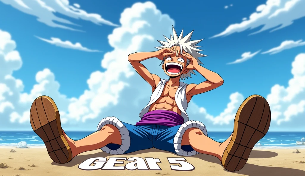 Create an anime-style scene featuring luffy gear 5 in a dynamic pose with white, wild hair, wearing a white outfit with a purple sash. The character should have a joyful and exaggerated expression, with their mouth wide open in laughter, legs lifted up spread wide straight, wearing wooden sandals, while sitting in a laid-back position with their legs spread out. The character's right hand should be shielding their eyes as if looking into the distance. Include a bright sky with some clouds in the background and large text at the bottom reading "GEAR 5."