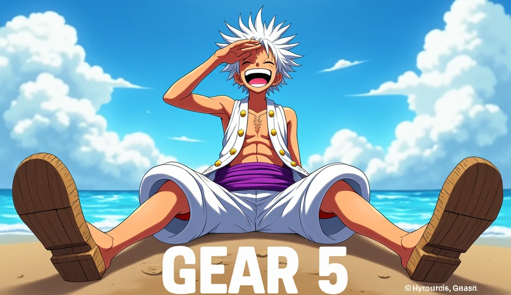 Create an anime-style scene featuring luffy gear 5 in a dynamic pose with white, wild hair, wearing a white outfit with a purple sash. The character should have a joyful and exaggerated expression, with their mouth wide open in laughter, legs lifted up spread wide straight, wearing wooden sandals, while sitting in a laid-back position with their legs spread out. The character's right hand should be shielding their eyes as if looking into the distance. Include a bright sky with some clouds in the background and large text at the bottom reading "GEAR 5."