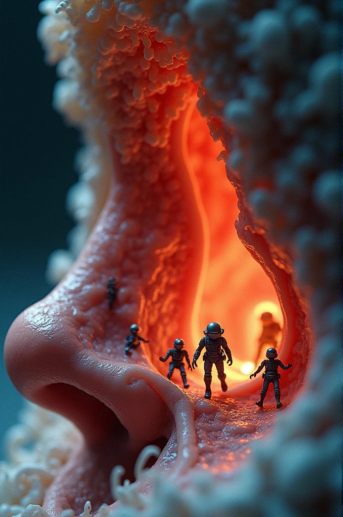 tiny nano micro sized people going into a mans nose close up