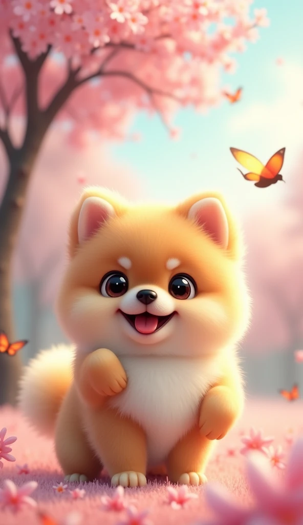 a cute smiling  pomeranian puppy facing forward with its front paw raised, large adorable eyes, human-like expression, slightly oversized head, short limbs, glossy fur, playing happily under a cherry blossom tree with colorful birds and butterflies, best quality, 4k, 8k, highres, masterpiece, ultra-detailed, realistic, photorealistic, studio lighting, vivid colors, delicate details, cute, adorable, charming