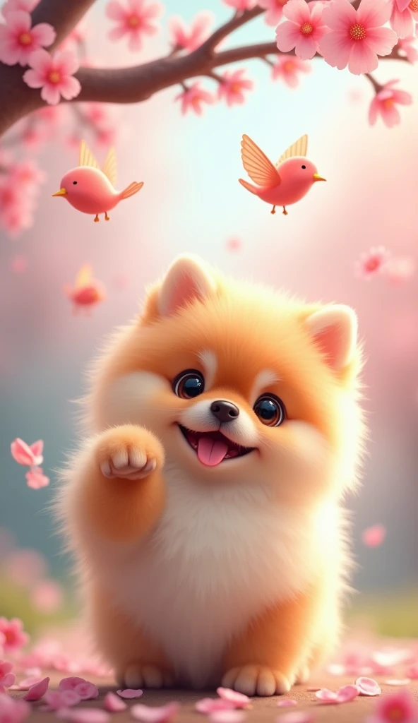 a cute smiling  pomeranian puppy facing forward with its front paw raised, large adorable eyes, human-like expression, slightly oversized head, short limbs, glossy fur, playing happily under a cherry blossom tree with colorful birds and butterflies, best quality, 4k, 8k, highres, masterpiece, ultra-detailed, realistic, photorealistic, studio lighting, vivid colors, delicate details, cute, adorable, charming