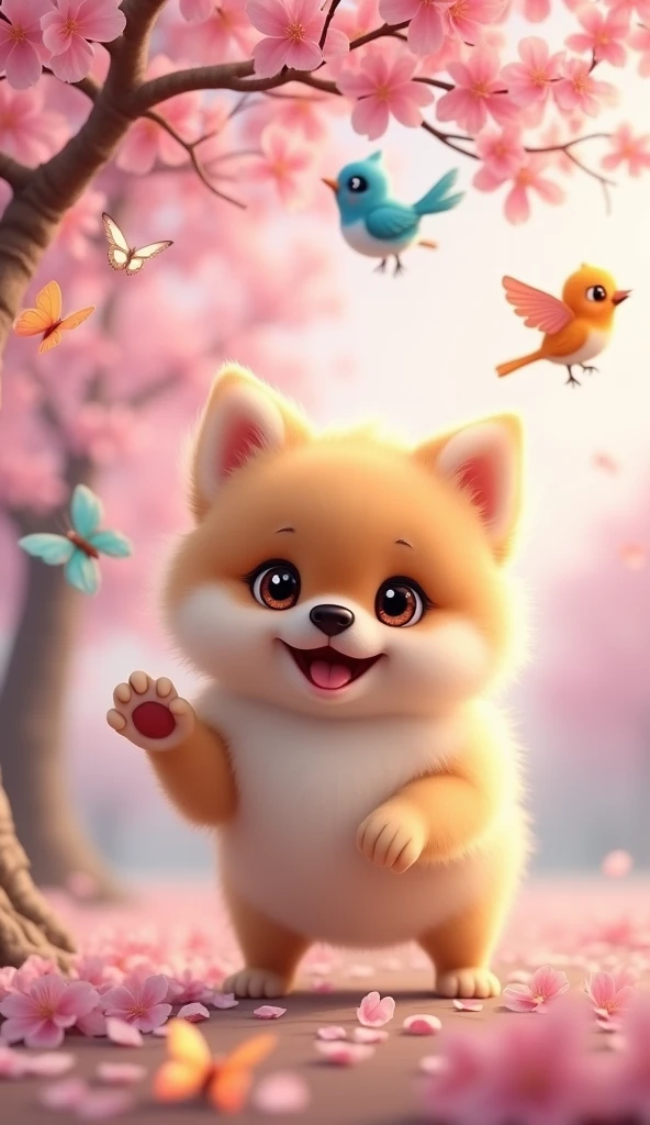 a cute smiling baby pomeranian puppy facing forward with its front paw raised, large adorable eyes, human-like expression, slightly oversized head, short limbs, glossy fur, playing happily under a cherry blossom tree with colorful birds and butterflies, best quality, 4k, 8k, highres, masterpiece, ultra-detailed, realistic, photorealistic, studio lighting, vivid colors, delicate details, cute, adorable, charming