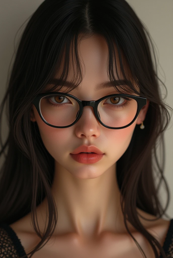 brunette with straight hair down to her neck, with round glasses, brown eye and thin mouth showing her ass