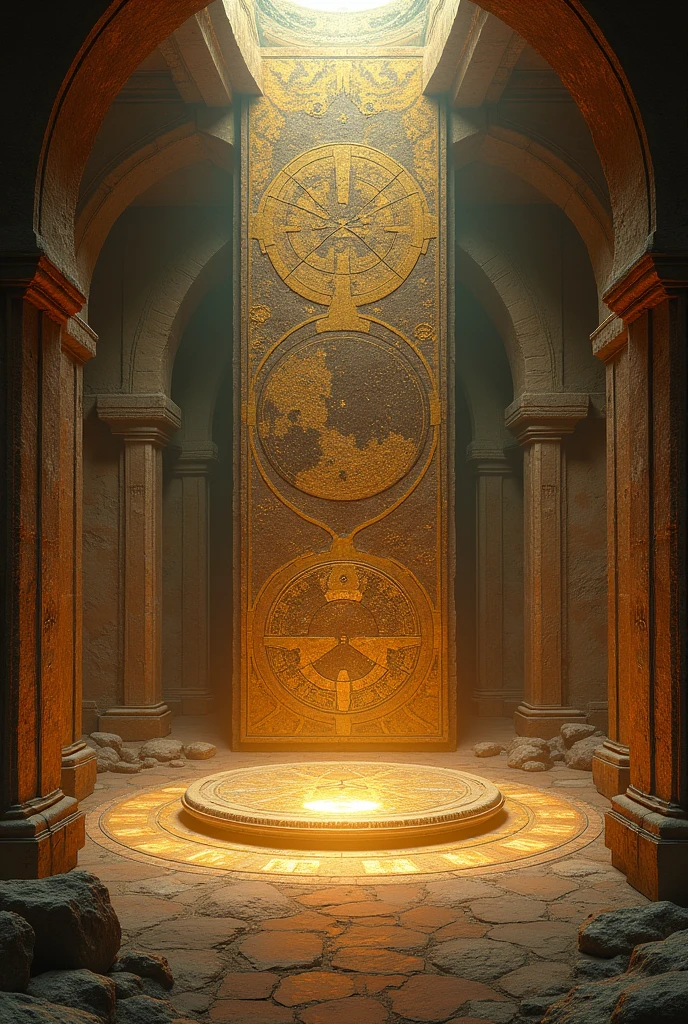 Arrived at the bottom, they found themselves in a huge, underground hall again. The walls were decorated with magnificent star maps and ancient symbols, that shone in golden light. In the middle of the hall stood a massive stone door, which had no obvious handle. Do not depict people