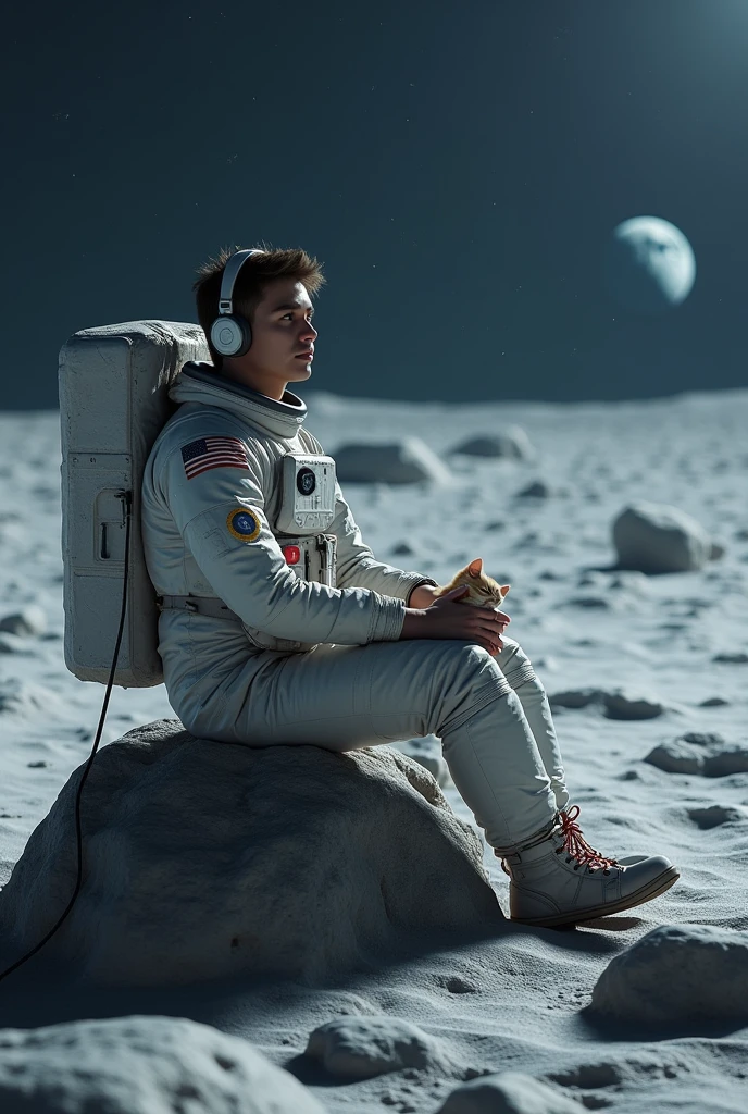 A 25 year boy on moon.he seat in a stone with her litle cat. He listening music in headphone