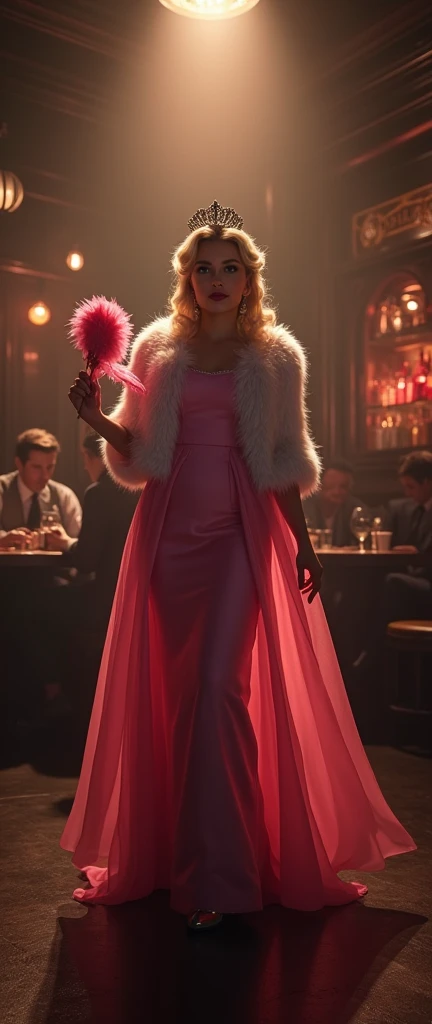 Nintendo princess peach  in a 1940s chicago bar, wearing a dress and faux fur coat holding feathers, dancing on stage  photorealistic,highly detailed,intricate lighting and shadows,cinematic,dramatic, moody atmosphere, film noir style