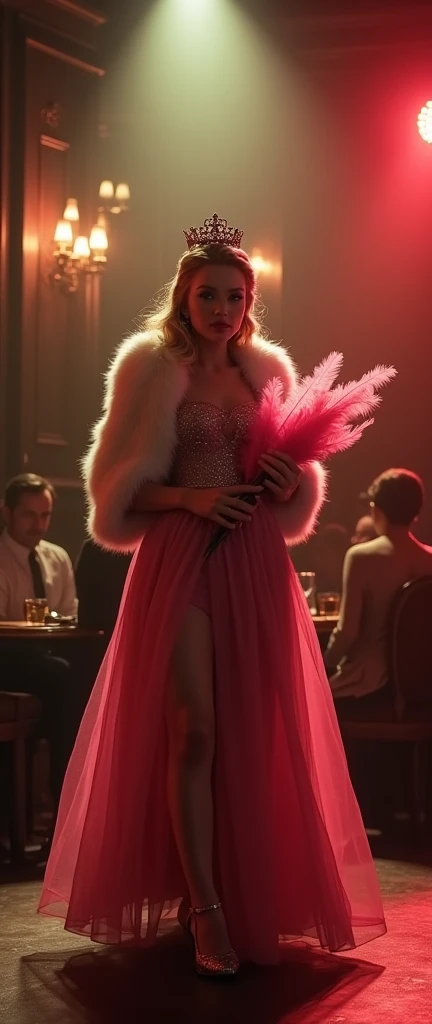 Nintendo princess peach in a 1940s chicago bar, wearing a dress and faux fur coat holding feathers, dancing on stage photorealistic,highly detailed,intricate lighting and shadows,cinematic,dramatic, moody atmosphere, film noir style