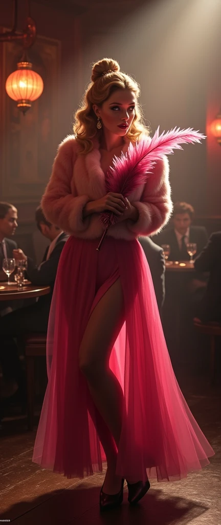 Nintendo princess peach in a 1940s chicago bar, wearing a dress and faux fur coat holding feathers, dancing on stage photorealistic,highly detailed,intricate lighting and shadows,cinematic,dramatic, moody atmosphere, film noir style
