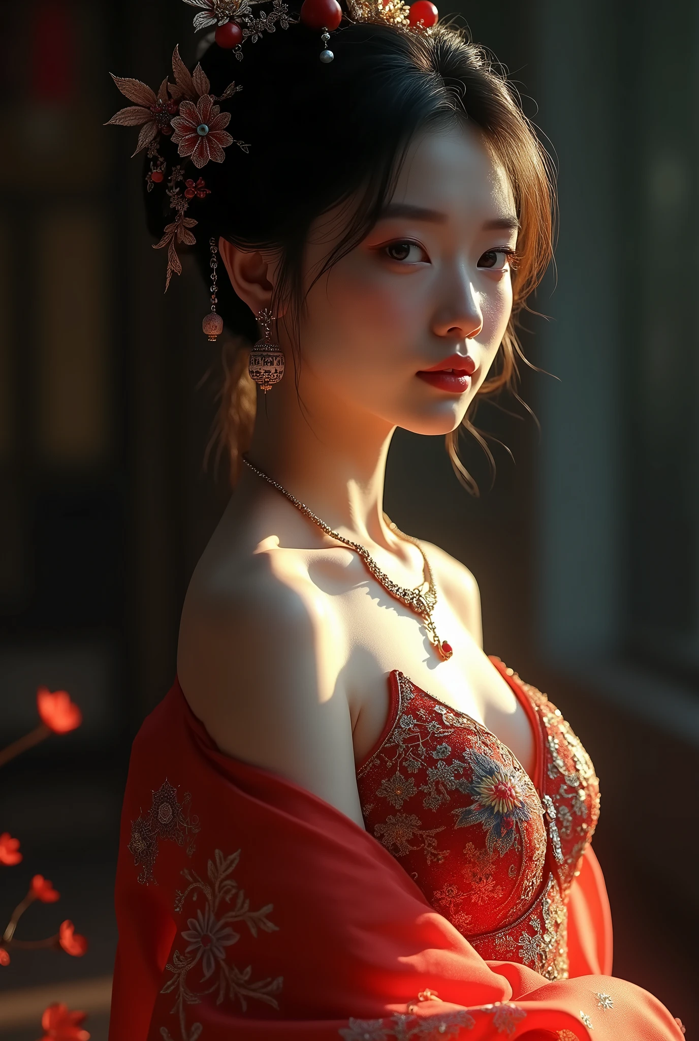 best quality, masterpiece, highres, 1girl, china dress, hair ornament, necklace, jewelry, Beautiful face, upon_body, tyndall effect, photorealistic, dark studio, rim lighting, two tone lighting, (high detailed skin:1.2), 8k uhd, dslr, soft lighting, high quality, volumetric lighting, candid, Photograph, high resolution, 4k, 8k, Bokeh, medium breasts,