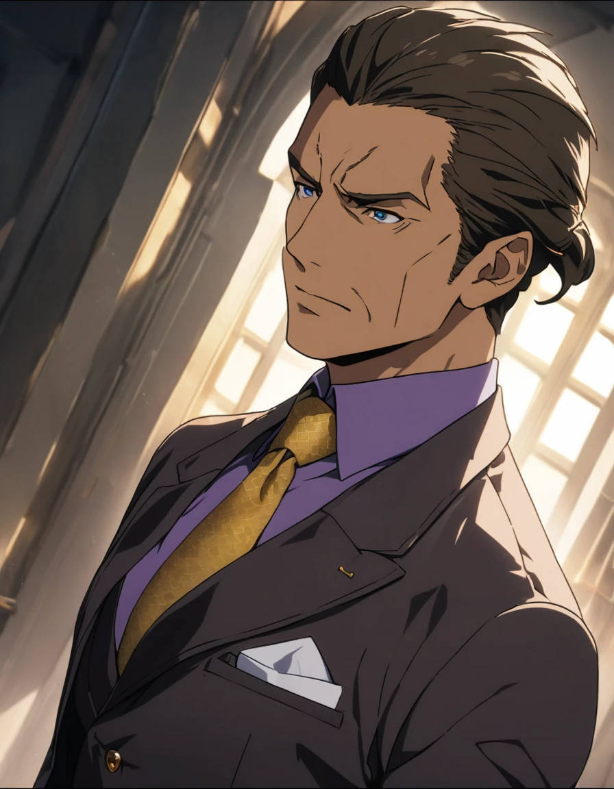 1man, solid mature male, masculine president, spiked slicked back, dark khaki hair, darkblue eyes, businessman hairstyle, BREAK ideal ratio body proportions, bold face, toned japanese, dignified playboy, 50yo, BREAK violet formal jacket, purplewhite shirt, yellow necktie, BREAK solo, cool emotion, romance, BREAK solo, upperlegs, stylish expression, game keyvisual, 2000s, in eroge style, in persona style, BREAK depth of field, dutch angle, cinematic shadows, cinematic lighting, lens flare, light leaks, texture, absurdres absolutely resolution, extreme all detailed, greatest painting, BREAK masterpiece, best quality