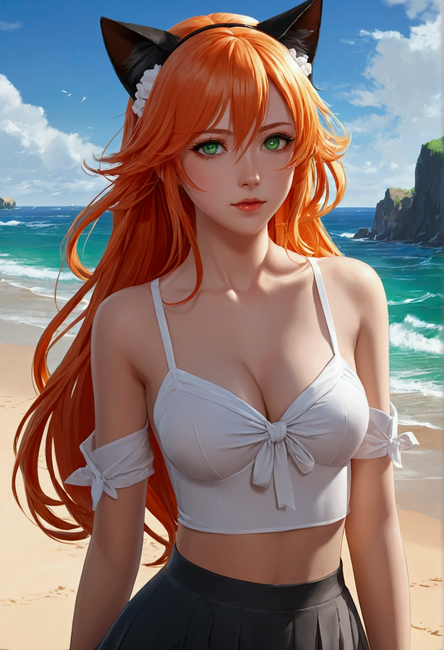 anime girl with long orange hair standing on beach near ocean, green eyes detailed digital anime art, cat ears, , anime girl with long hair, smooth anime cg art, anime girl with long hair, average breast size, digital anime art, artwork in the style of guweiz, beautiful anime portrait, photorealistic anime girl render, beautiful anime girl, advanced digital anime art, pantyhose, guweiz on artstation pixiv upscale HD UHD HQ