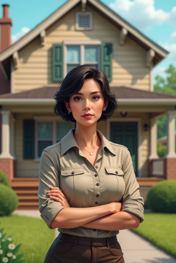 A woman with short hair standing in front of a house.