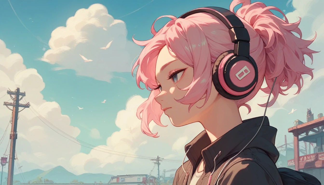 art girl with slanted eyes and pink hair and headphones, アニメ, all in shades of pink