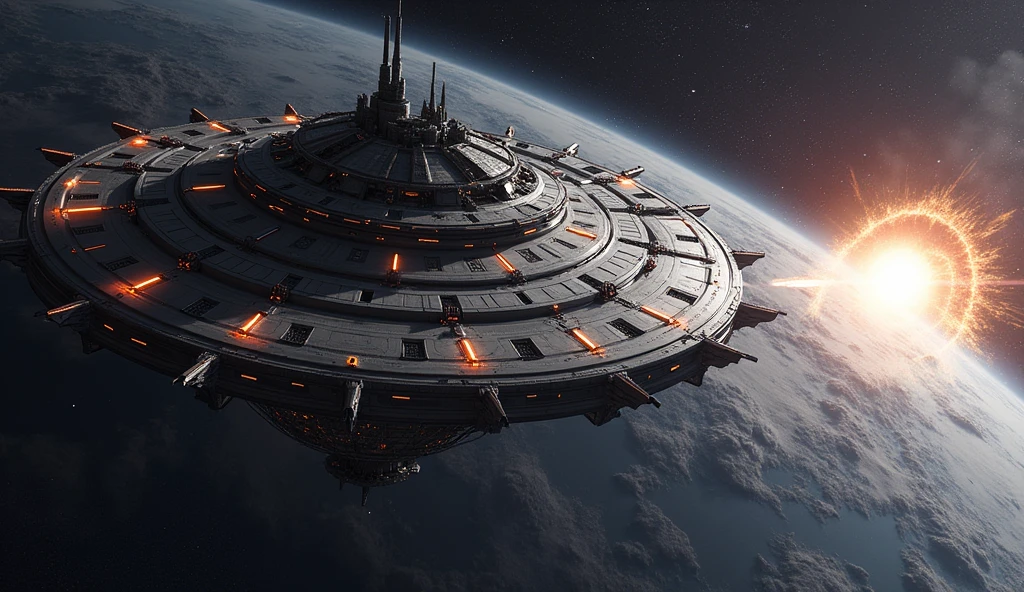 a massive planet killer circle space sation firing a massive beam at an planet in space