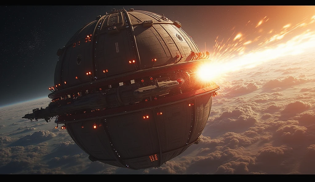 a massive planet killer circle space sation firing a massive beam at an planet in space