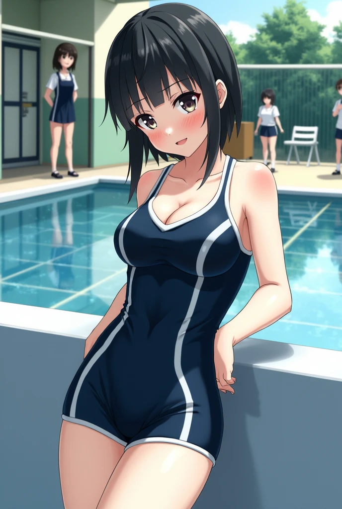 ,Black Hair,Navy blue school swimsuit and leggings,Sweat,Small breasts,Low length