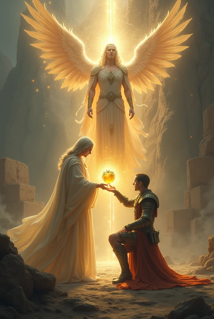 A god handing a magical fruit to a warrior 