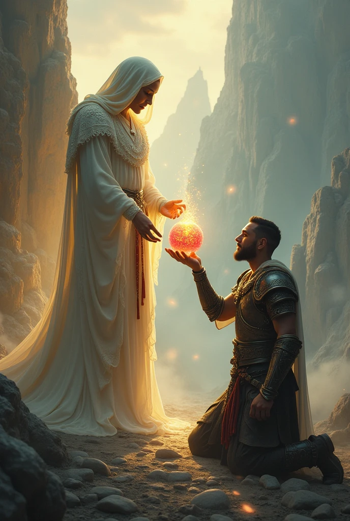 A god handing a magical fruit to a warrior