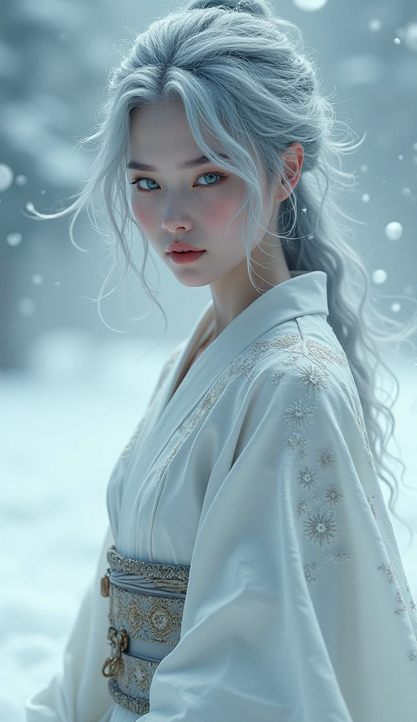 Snow Woman、pure white kimono、White skin、Gray Hair、In a snowstorm、1 Japan Female, solo, High resolution, chest, Gaze, smile, Hair that hides one eye, blue eyes, Angry, Frowning, Take a closer look, High resolution, masterpiece, Anatomically correct, Highest quality, Hair blowing in the wind,