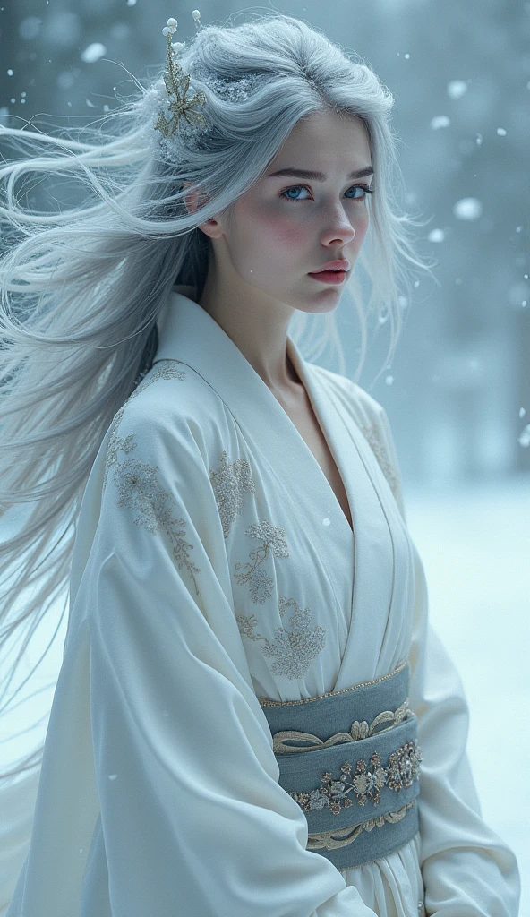 Snow Woman、pure white kimono、White skin、Gray Hair、In a snowstorm、1 Japan Female, solo, High resolution, chest, Gaze, smile, Hair that hides one eye, blue eyes, Angry, Frowning, Take a closer look, High resolution, masterpiece, Anatomically correct, Highest quality, Hair blowing in the wind,